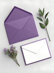 Purple envelopes, a white card, green leaves, and purple flowers on a white surface
