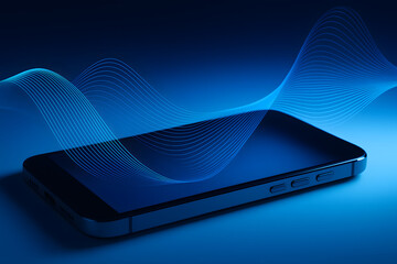 Modern smartphone on glowing blue background with abstract wireless signal waves, futuristic digital communication device concept for mobile technology, high speed data transfer, network interface des