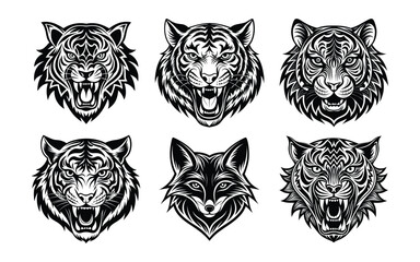 Vector animal and cat head designs featuring black and white tribal illustrations of wild big cats like tigers, lions, and bears, perfect for powerful wildlife tattoo art and logos.
