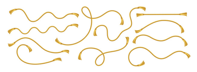 Vector Illustration Background Featuring Realistic Gold Ropes in Various Twisted and Curled Arrangements, Depicting Decorative and Ornamental Rope Shapes, Isolated on a White Background