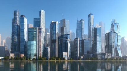 Fototapeta premium Cityscape view with tall buildings and water reflecting the sky in a modern urban environment scene