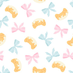 Flirty croissant with pink bow seamless vector pattern. Cute cartoon blush pastry with trendy decoration. Perfect for kids clothing, nursery wallpaper, stationery and textiles in sweet pastel style.
