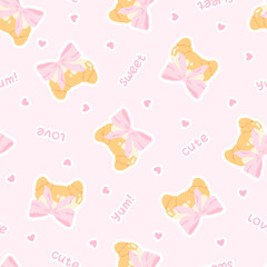 Flirty croissant with pink bow seamless vector pattern. Cute cartoon blush pastry with trendy decoration. Perfect for kids clothing, nursery wallpaper, stationery and textiles in sweet pastel style.