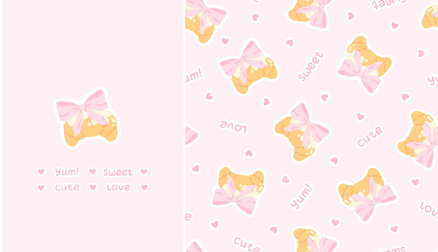 Flirty croissant with pink bow seamless vector pattern. Cute cartoon blush pastry with trendy decoration. Perfect for kids clothing, nursery wallpaper, stationery and textiles in sweet pastel style.
