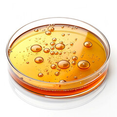 Amber Liquid with Bubbles in Petri Dish, Science Lab Experiment isolated on white background
