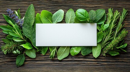 Fototapeta premium Assorted green herbs with a blank white paper