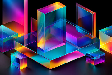 Colorful abstract holographic glass blocks with neon reflections on black background