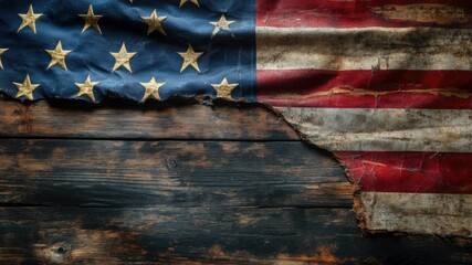 Vintage American flag on a rustic wooden surface - Powered by Adobe