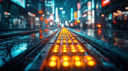 Wet city street at night, glowing orange lights