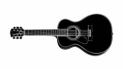 Black silhouette of an acoustic guitar isolated on white background showing detailed strings and body shape