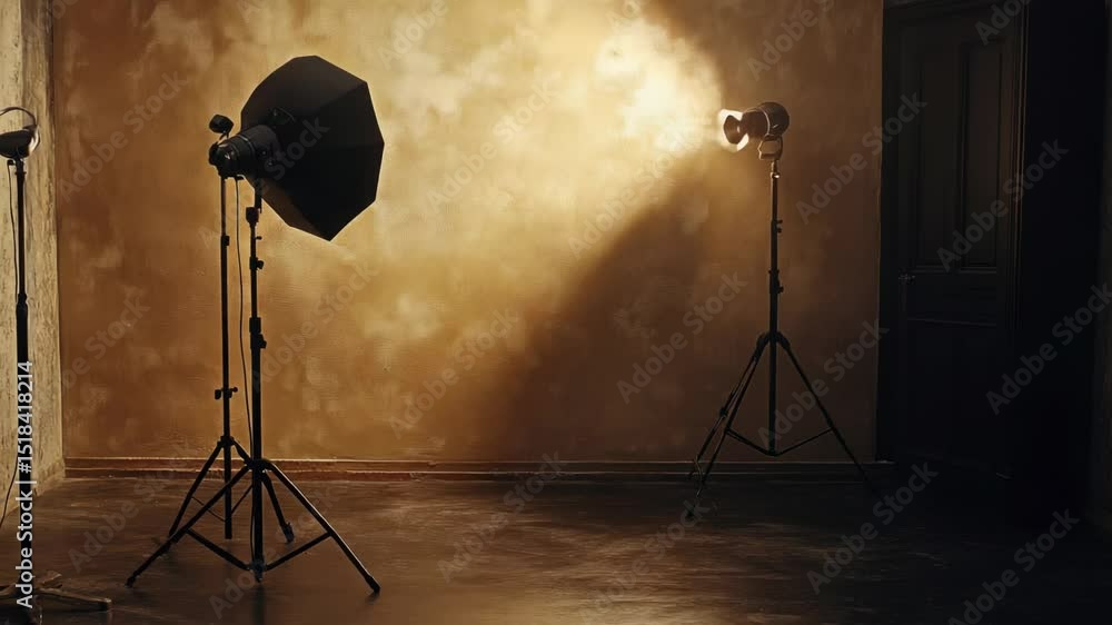 Aufkleber Photography studio scene with three softbox lights and a camera set up on a tripod