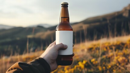 Hand holding beer bottle against nature landscape in outdoor
