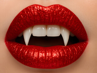 Close up of glossy red lips with sharp vampire fangs, Halloween costume makeup, seductive woman mouth expression, horror fantasy character, spooky female vampire look, gothic beauty vampire concept

