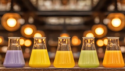 Five Erlenmeyer flasks filled with vibrant colorful liquids sit on a rustic wooden surface, a blurred background of warm lights enhancing the scene