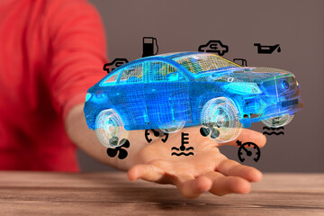 Person holding a digital 3D model of a car with maintenance icons.  Perfect for automotive tech.