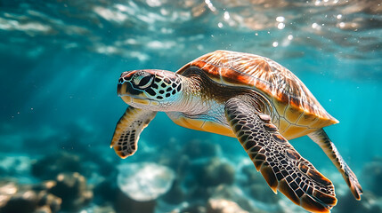 Fototapeta premium Sea turtle swimming in the turquoise ocean.