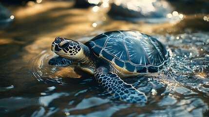 Close-up of a sea turtle in shallow water.