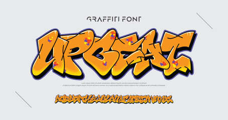 Upbeat, Old school Graffiti alphabet decorative lettering vandal street art free wild style on the wall city urban illegal action by using spray paint. Underground hip hop type vector illustration.
