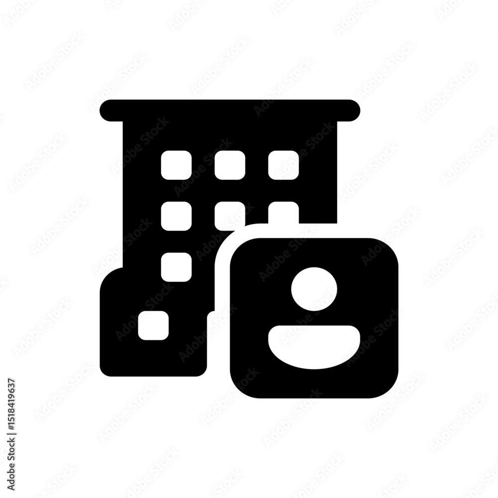 Poster illustration of a stylized robot head with rounded features and circular eyes in solid black color s