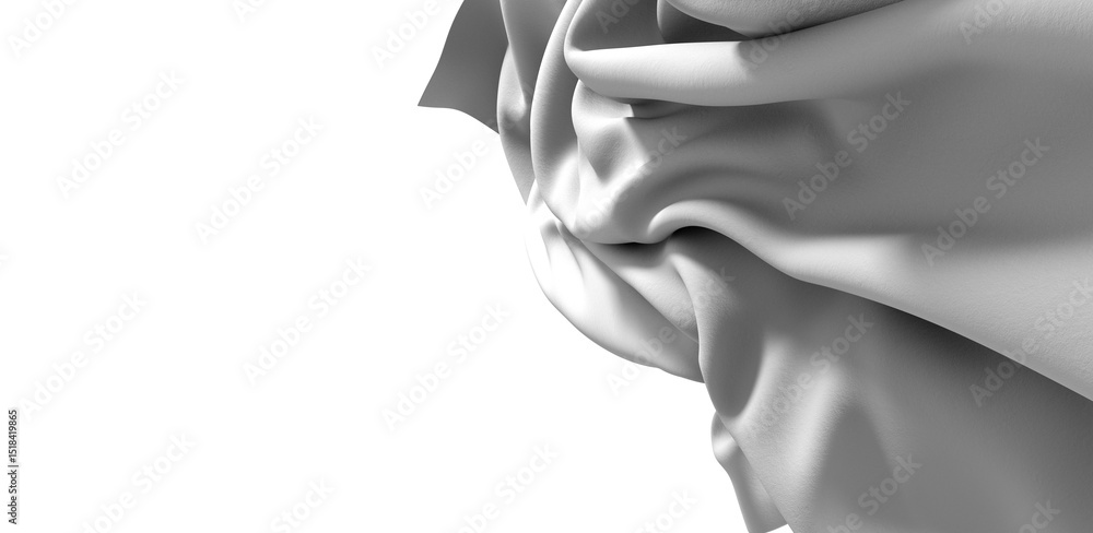 Poster Abstract image of a white fabric drape with intricate ripples and texture, isolated on a white background.