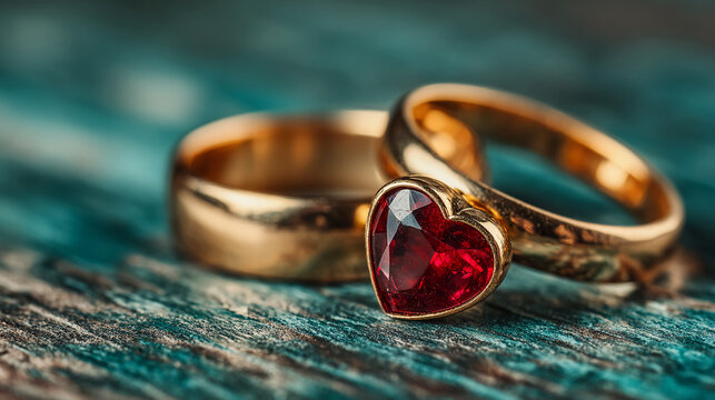 Close-up of gold rings with heart-shaped ruby, resting on teal wood background. Represents love, commitment, Valentine's Day romance