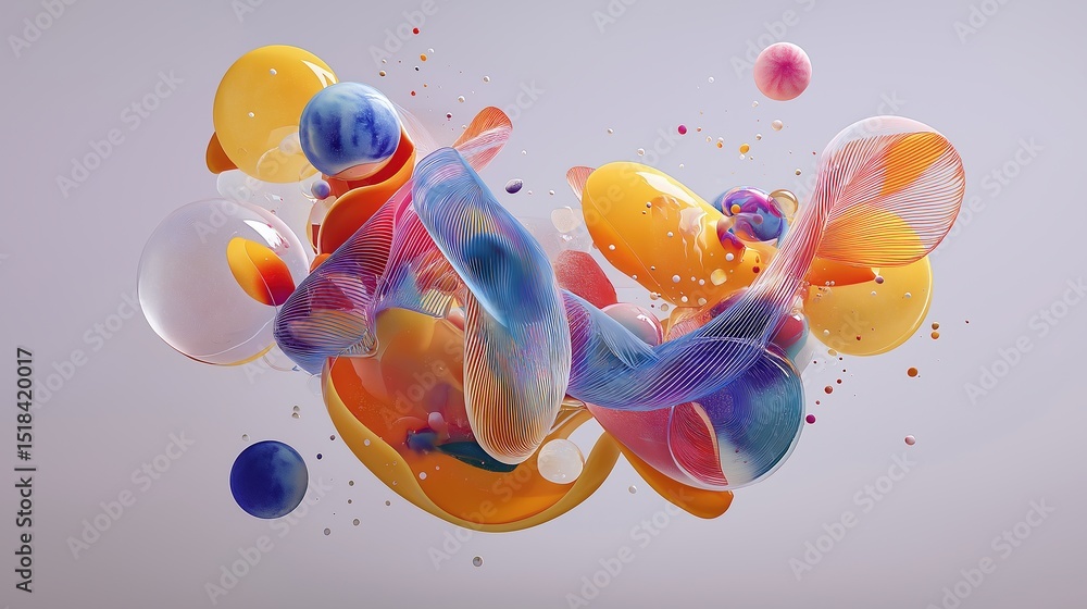 Aufkleber Colorful abstract 3D composition with floating shapes and dynamic swirls in colorful objects and pastel tones. Generated AI
