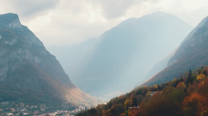 Mountainside village in Autumn light