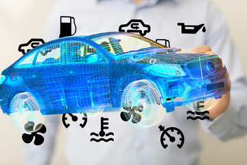 Stock photo of a digital car model with various warning lights and maintenance indicators.