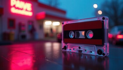 Retro cassette tape with neon lighting in a futuristic urban night setting, featuring vibrant colors and bokeh effects. Generated AI
