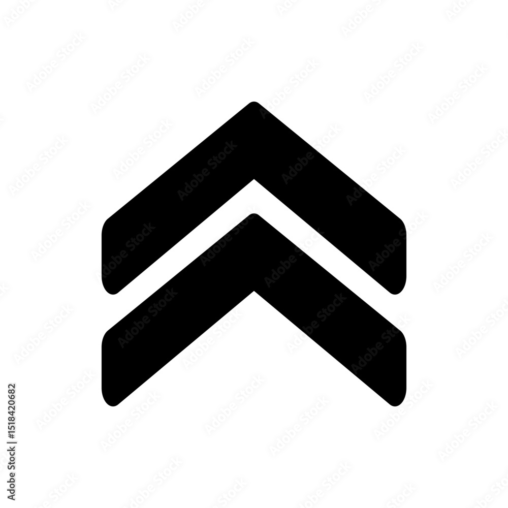 Poster two chevron shapes stacked on top of each other pointing upwards in a simple black and white design 