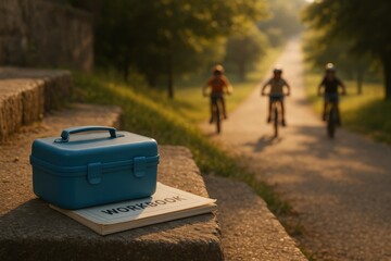 Fototapeta premium Forgotten lunchbox left on a stone step as children ride bikes down a shaded path