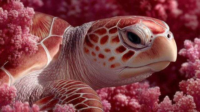 Close Up of a Red Sea Turtle Among Pink Coral Reef