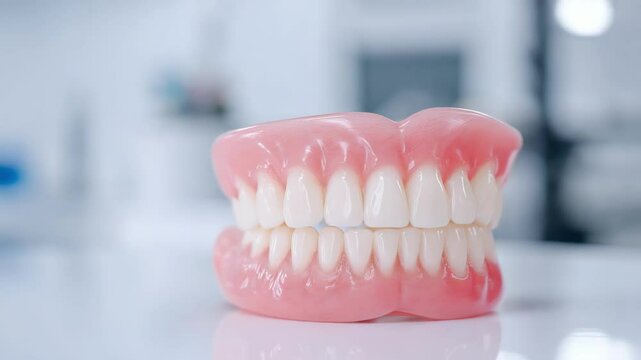Closeup of dental prosthetic adjustment with rotating denture in laboratory