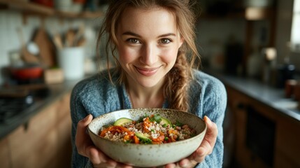 Woman holds bowl of healthy food