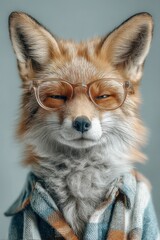 Fox in a checkered jacket with closed eyes