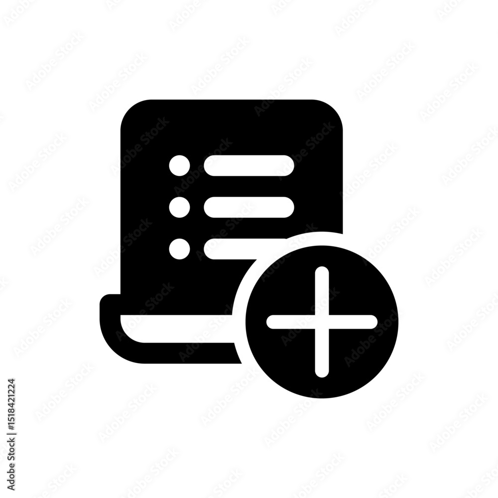 Poster black document icon with lines and dots next to a black circle with a plus sign in the middle right 