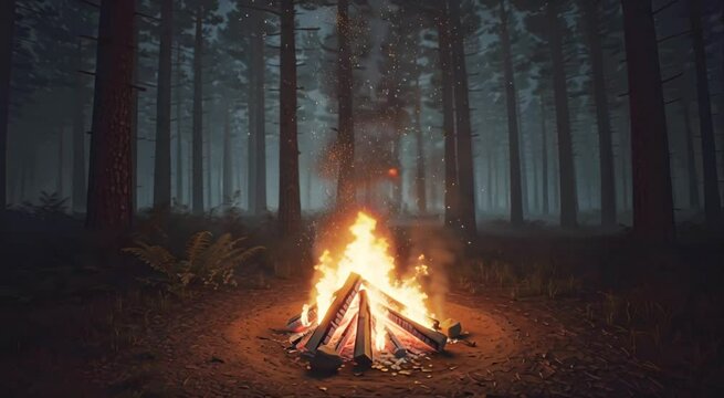 Campfire in a misty forest at night