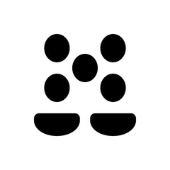 A simple graphic featuring five black circles arranged above two rounded rectangle shapes on white background