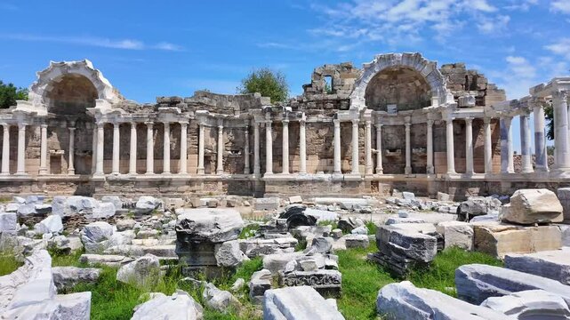Ancient Antique Side city agora, central hall ruins  of Monumental Nymphaeum fountain  Side, Antalya, Turkey