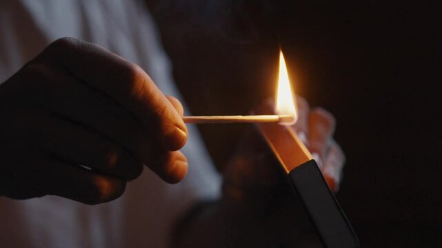 Macro shot of a match being lit through friction with the striking surface 