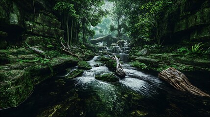 Fototapeta premium Lush jungle stream flowing over rocks