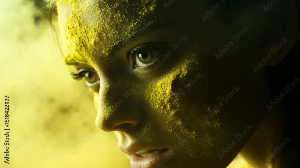 Poster a close-up shot of a person's face with yellow paint applied, suitable for use in creative projects 