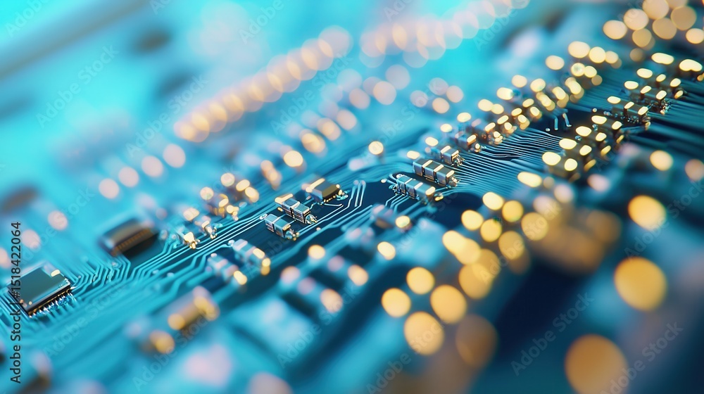 Poster Close-up of electronic microchip on a luminous circuit board with detailed connections. Generated AI