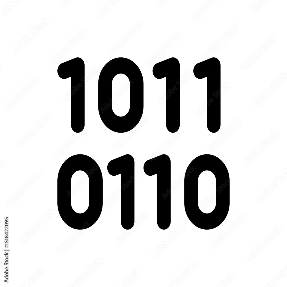 Poster illustration of two rows of binary code with the numbers one and zero in a bold font on a white back
