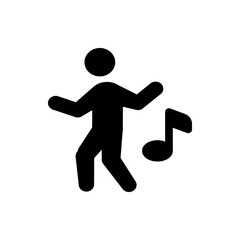 Silhouette of a person dancing with arms raised next to a music note in a simple black and white design
