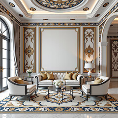 A luxurious and elegantly designed living room with a clear influence of modern interior aesthetics