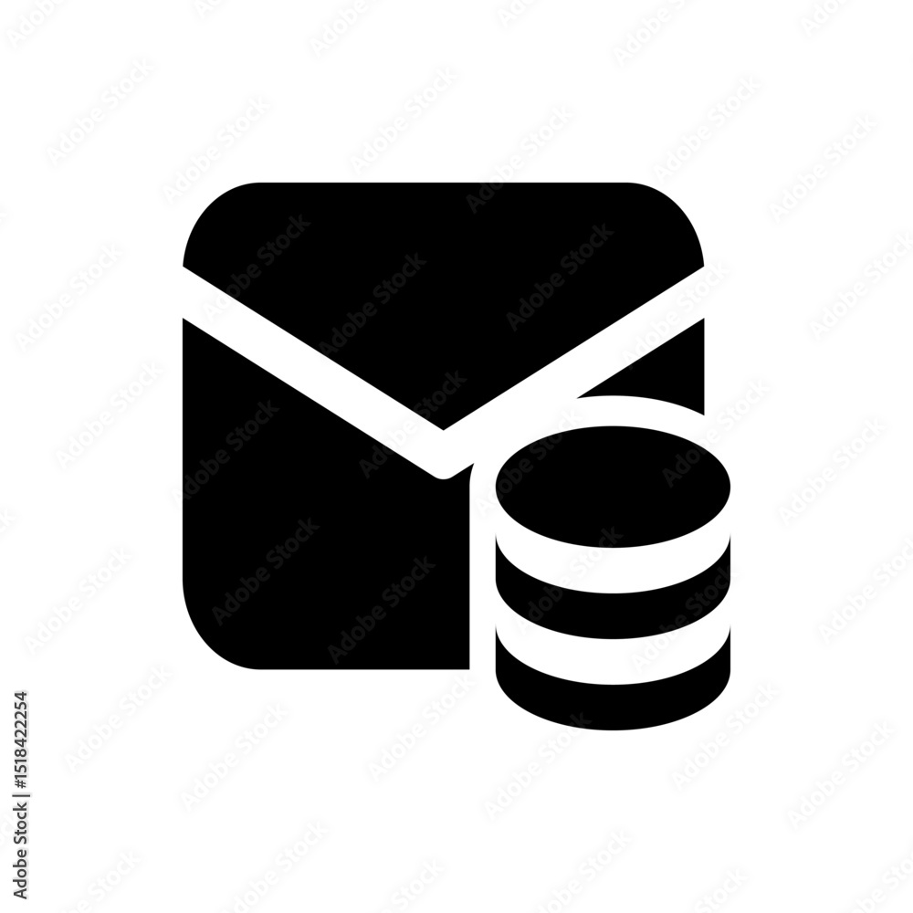 Poster black and white illustration of an envelope icon next to a stack of three coins or database disks