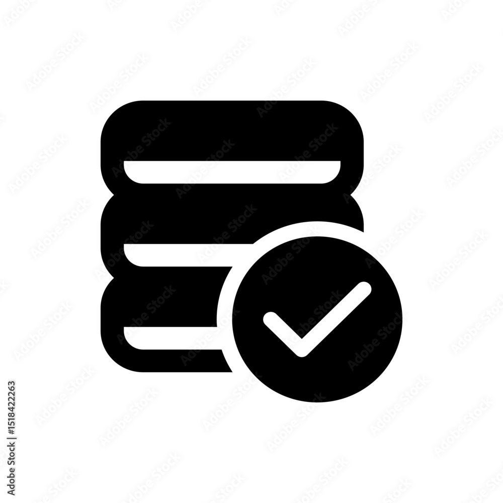 Poster black database stack icon with a white checkmark circle indicating successful data validation proces
