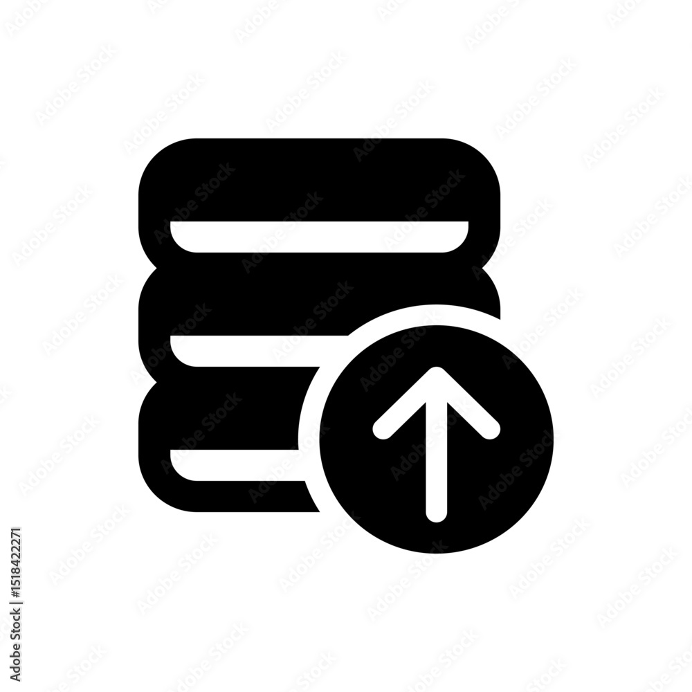 Poster black and white database icon with an upward arrow indicating data upload and storage management sys