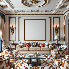 A luxurious and elegantly designed living room with a clear influence of modern interior aesthetics